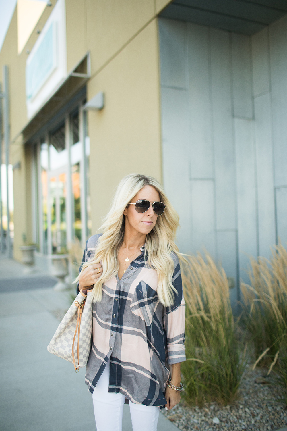 Kailee Wright_Nordstrom Anniversary Sale_Pink Grey Plaid Top